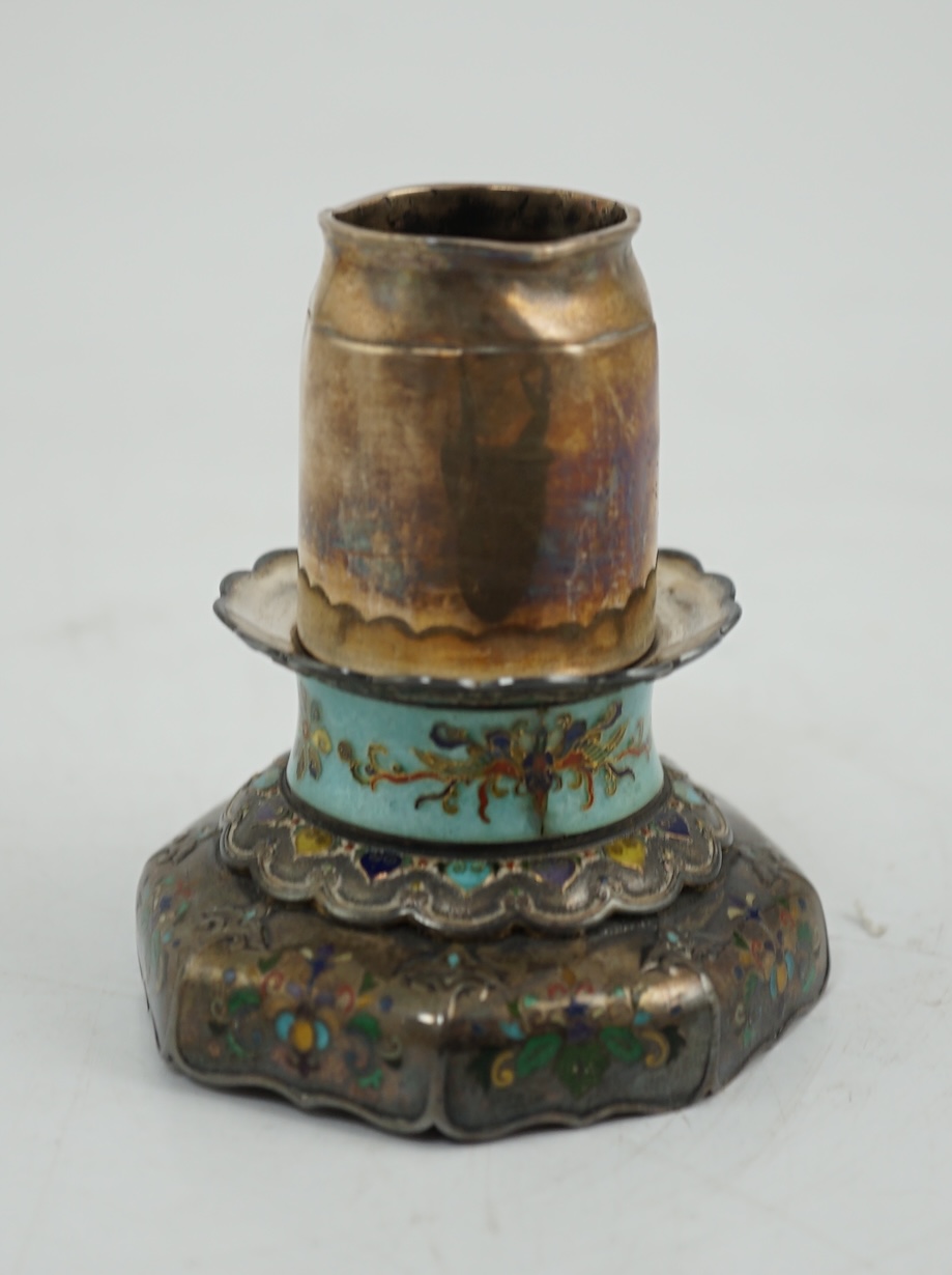 A Japanese silver and enamel globe-shaped koro and cover, Meiji period, some damage